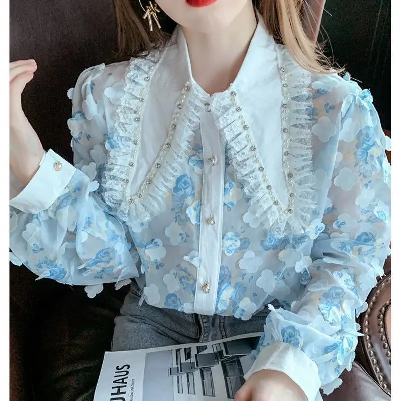 

Women 2022 Spring Autumn New Chiffon Long Sleeve Shirts Female Loose Print Blouses Ladies Single Breasted Casual Shirts O274