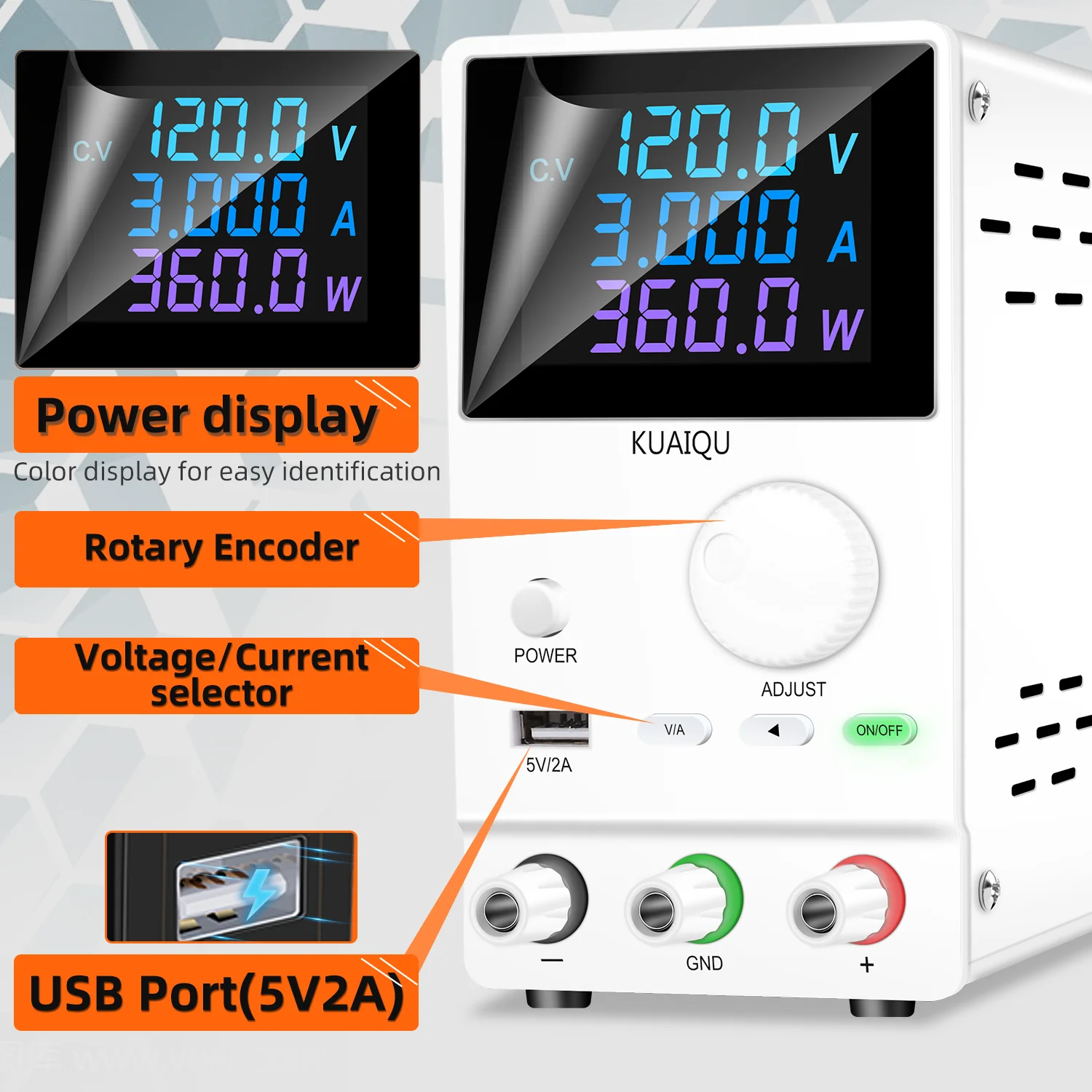 

120V 3A Switching Lab DC Adjustable Power Supply Laboratory Precision 4 Digital Display Voltage Regulated USB Bench Source Diy