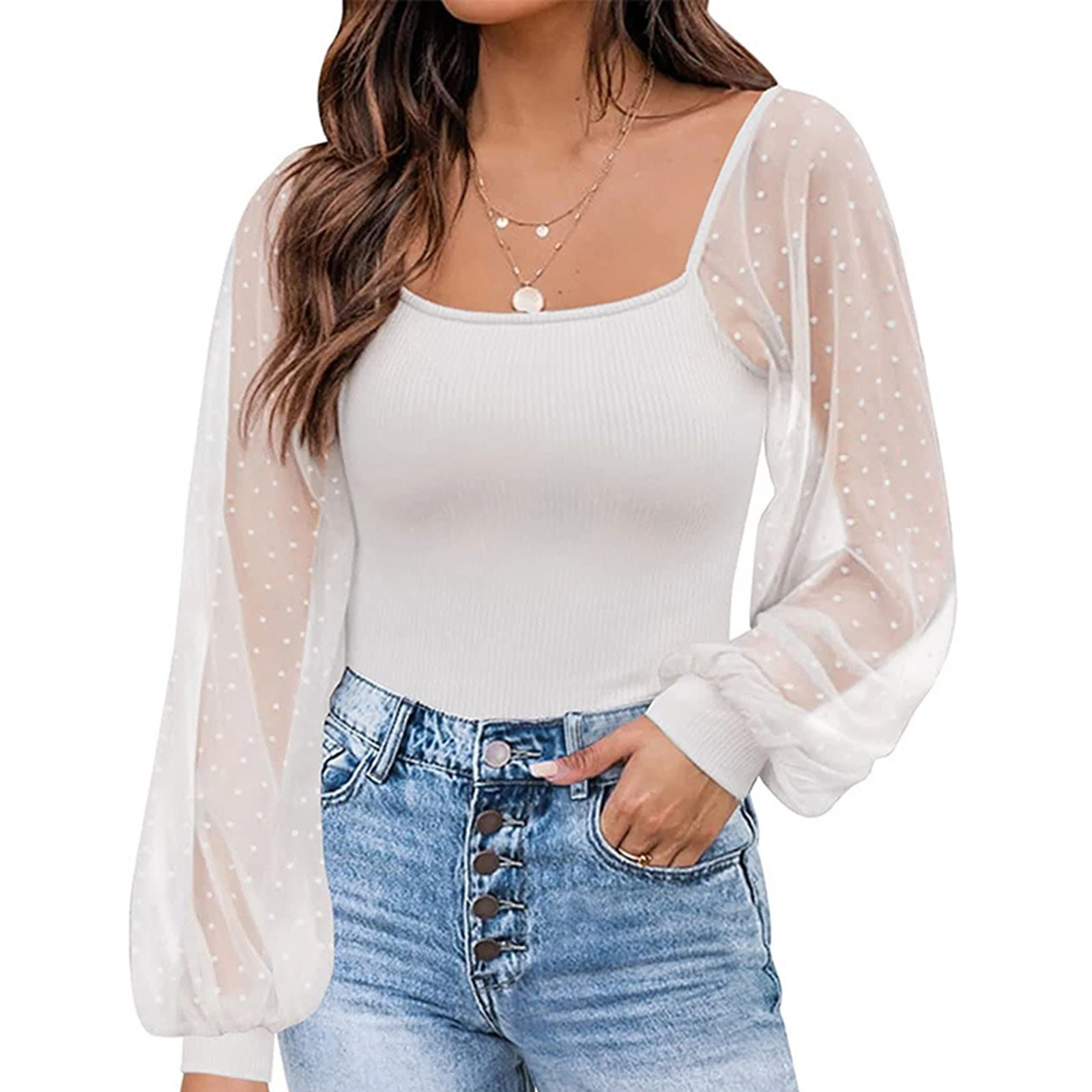 

Dots Print U-Neck Long Puff Sleeve Close-Fitting Tops Women Spring Fall Fashion Mesh Patchwork T-Shirts Ladies Casual Blouses
