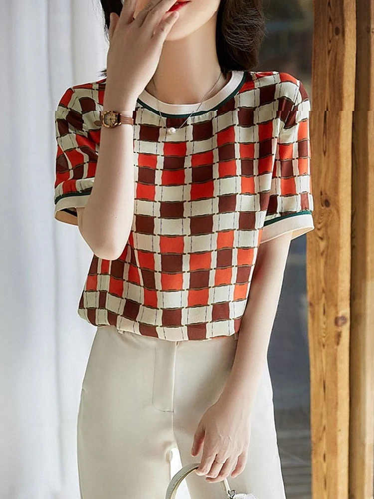 

GGRIGHT Summer Clothes For Women 2022 Fashion Checked T Shirt Haut Femme Poleras Mujer Camisetas Round Neck Short Sleeve Tops