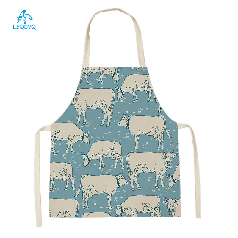 

Cartoon Animal Cattle Sheep Lion Printed Sleeveless Kitchen Aprons Women Men Linen Cooking Pinafore Home Baking Waist Bib