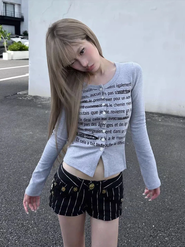 

Deeptown Y2K винтажные серые футболки с длинным рукавом Женские Harajuku гранж футболки с буквенным принтом Fairycore тонкий кроп-топ Корейская уличная одежда