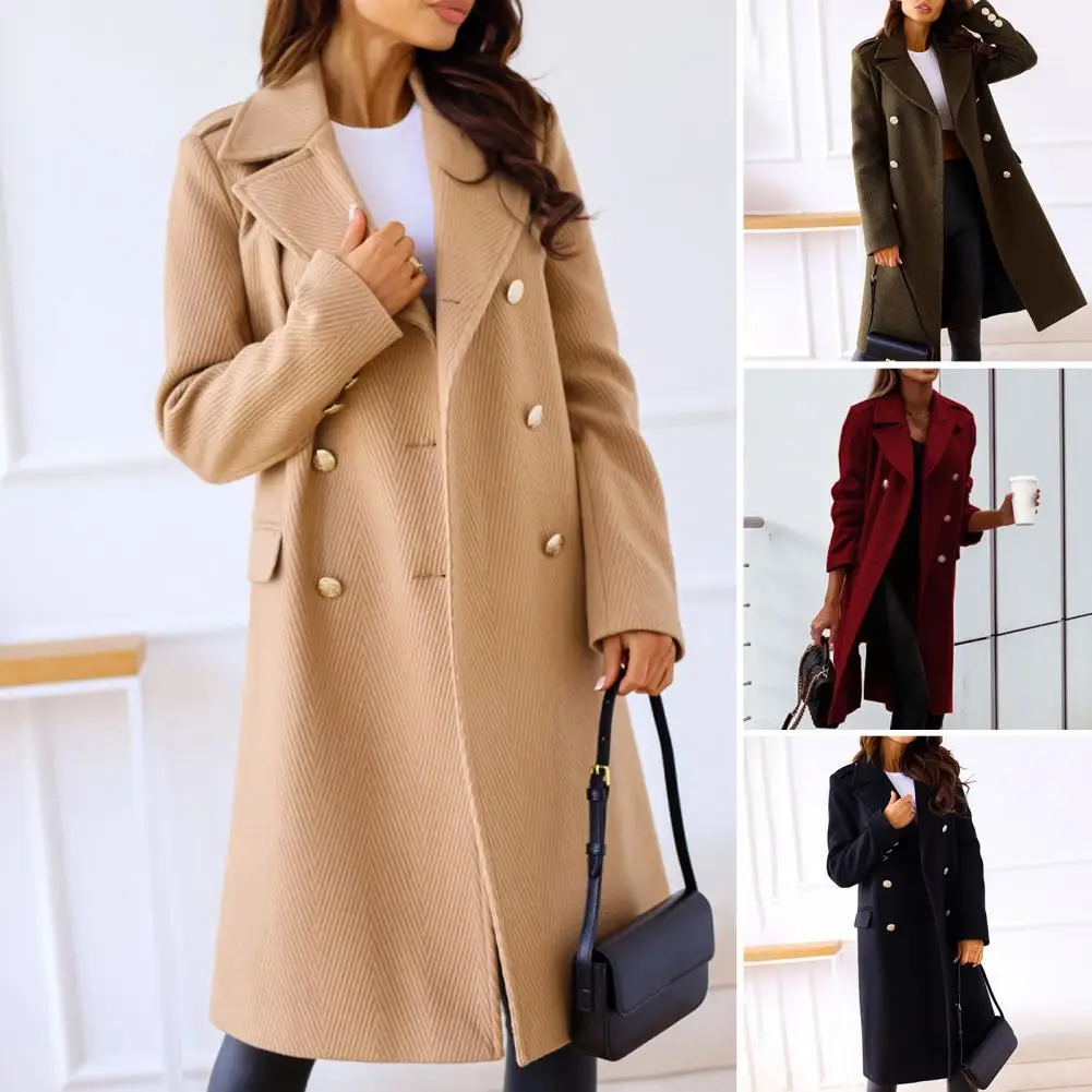 

Popular Coat Soft Texture Solid Color Double-breasted Placket Lapel Overcoat Cold Resistant Women's Coat for Going Out