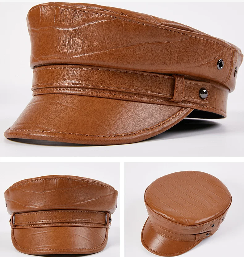 

Motorcycle Biker Genuine Leather Flat Hat Punk Rock Navy Sheepskin Military Hats Germany Officer Visor Cap For Men Women