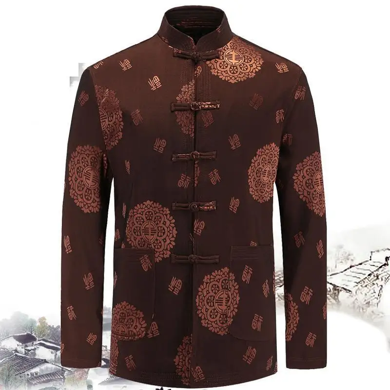 

Spring Autunm New Men Jacket Kung Fu Tang Suit Performance Clothing Male Tai Chi Silk Satin Embroidery Long Sleeve Coat