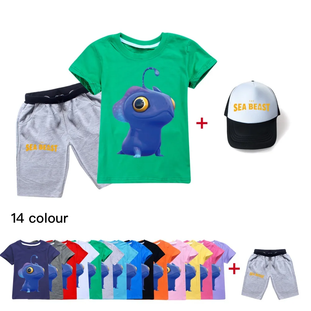 

New Movie Sea Beasts Summer Baby Boy Clothes Cartoon Girls Kids Top T-Shirt Short Sleeve T-Shirt + Shorts + Hat 3 Piece Set