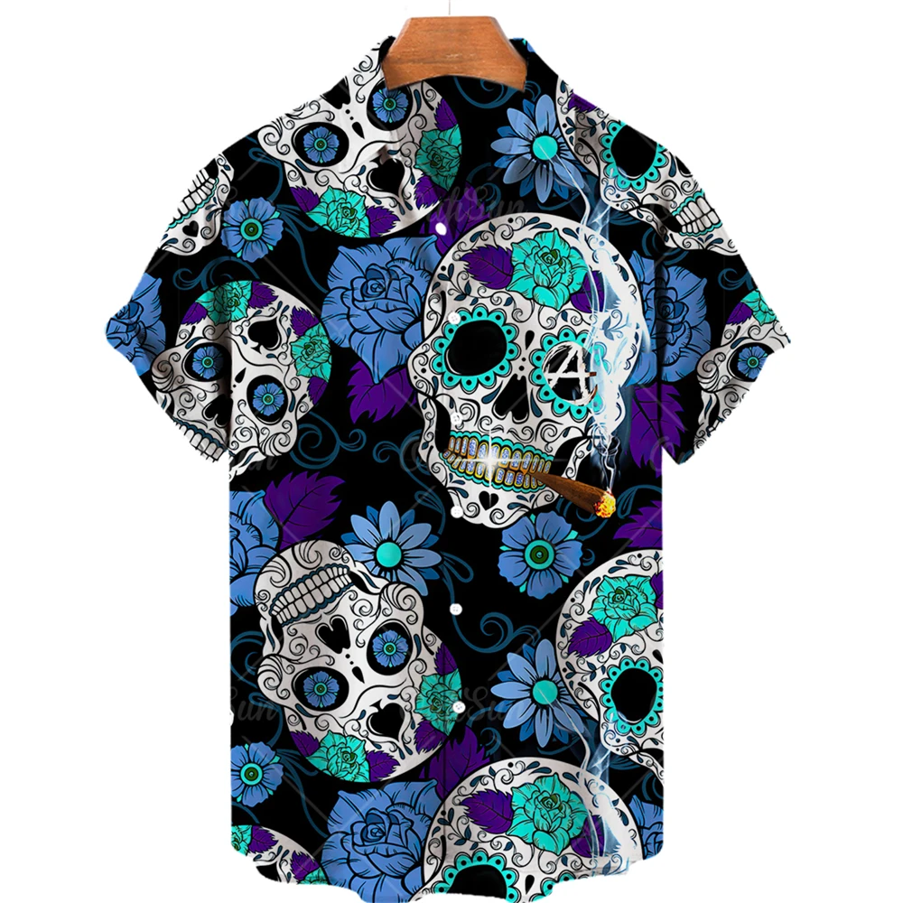 

Hawaiian Men's Shirts 3D Print Skull Summer Casual Breathable Short Sleeves 2022 New Male Single Breasted Tops 5XL