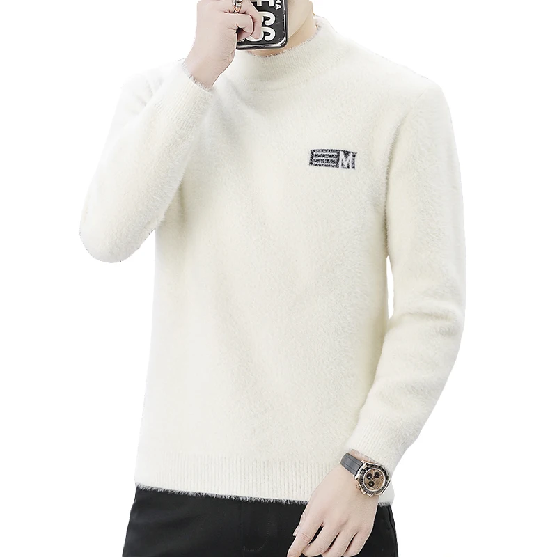 Mink Cashmere Men's Half-turtleneck Embroidered Sweater Autumn/winter Thickened Cashmere Jumper for Teenagers Thermal Underwear