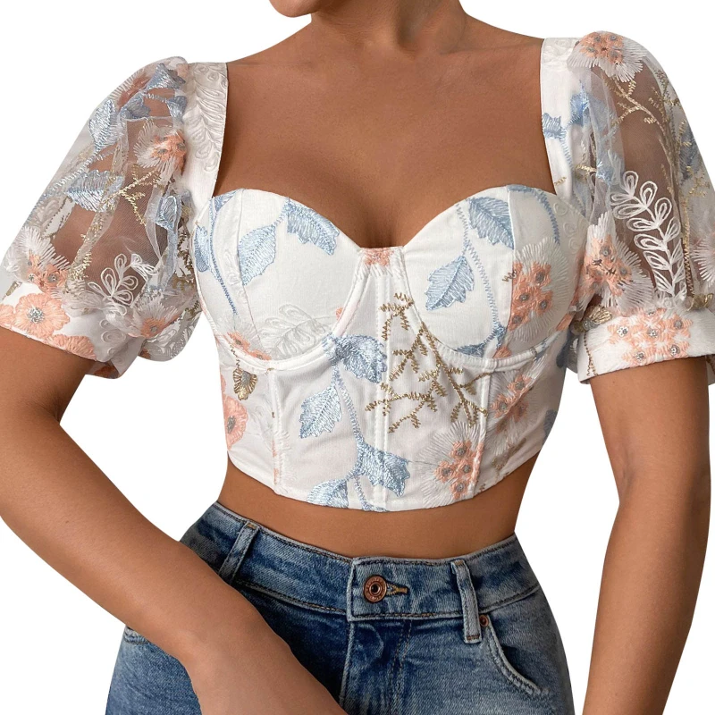

Elegant Blouses For Women Pullover Tops Sexy Lace Bubble Sleeve Cropped Tops French Floral Printing Summer Wrapped Short Shirt