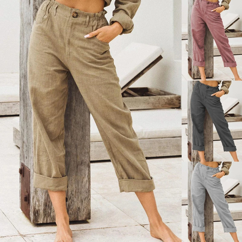 

2022 Spring Summer Autumn Casual Linen Pants For Women High Waist Light Gray Khaki Red Wine Pants 2XL