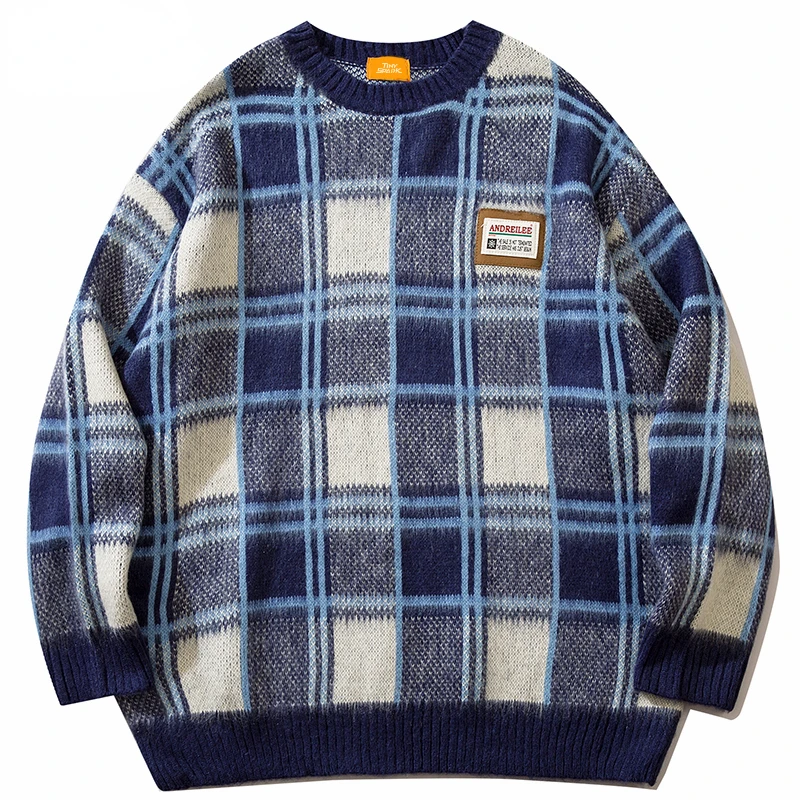 2023 Retro Plaid Sweater Streetwear Men Women Knitted Sweater Hip Hop Vintage Pullover Autumn Cotton Checkered Sweater Harajuku