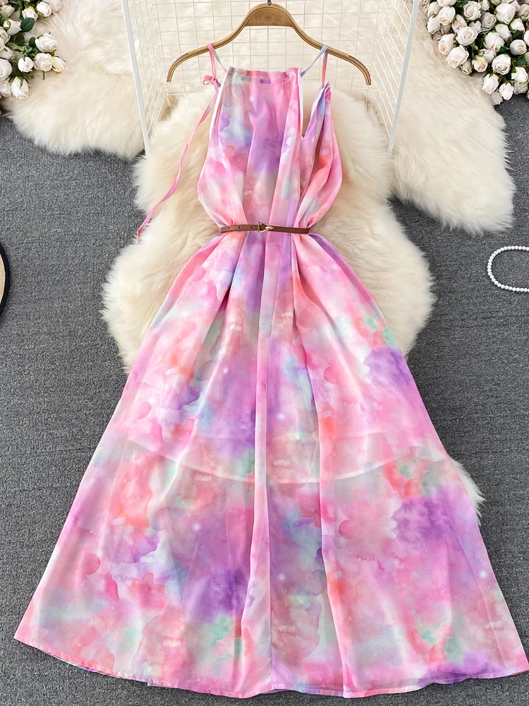 

FTLZZ Summer New Women Vintage Casual Print Spaghetti Strap High Waist Slim Dress Elegant Backless Sleeveless A-Line Dresses
