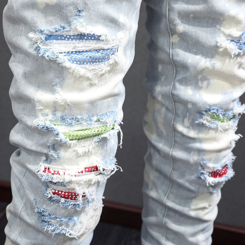 High Street Fashion Men Jeans Retro Light Blue Painted Elastic Skinny Ripped Jeans Men Bead Patched Designer Hip Hop Brand Pants