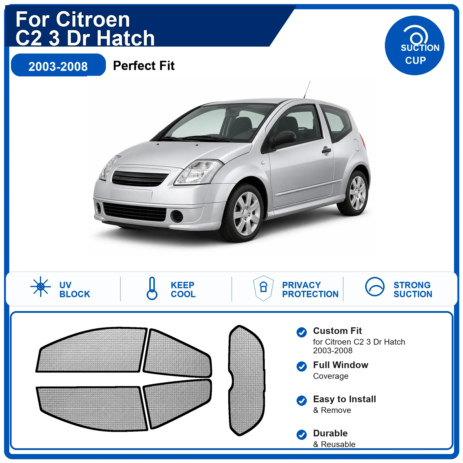 Фото Для Citroen C2 3-дверный хэтчбек 2003-2008: Полный комплект солнцезащитных шторок на лобовое стекло из алюминиевой фольги, теплоизоляционные, с защитой от УФ-лучей, складные №1