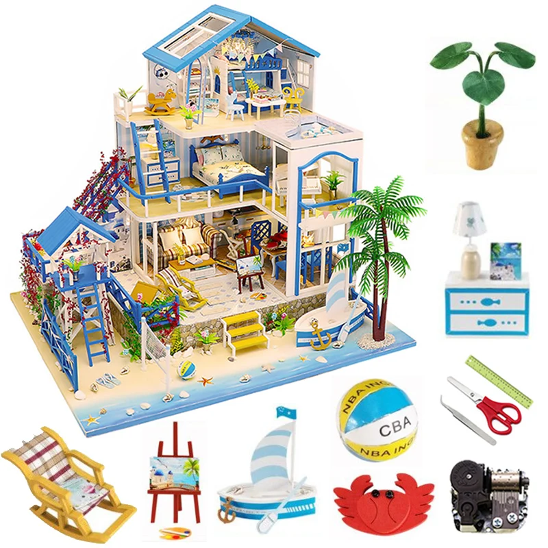 

Big Dollhouse Diy Miniature Building Kits Sea Villa Doll House Furniture Wooden Assemble Model Aldult Toys Christmas Gifts Casa