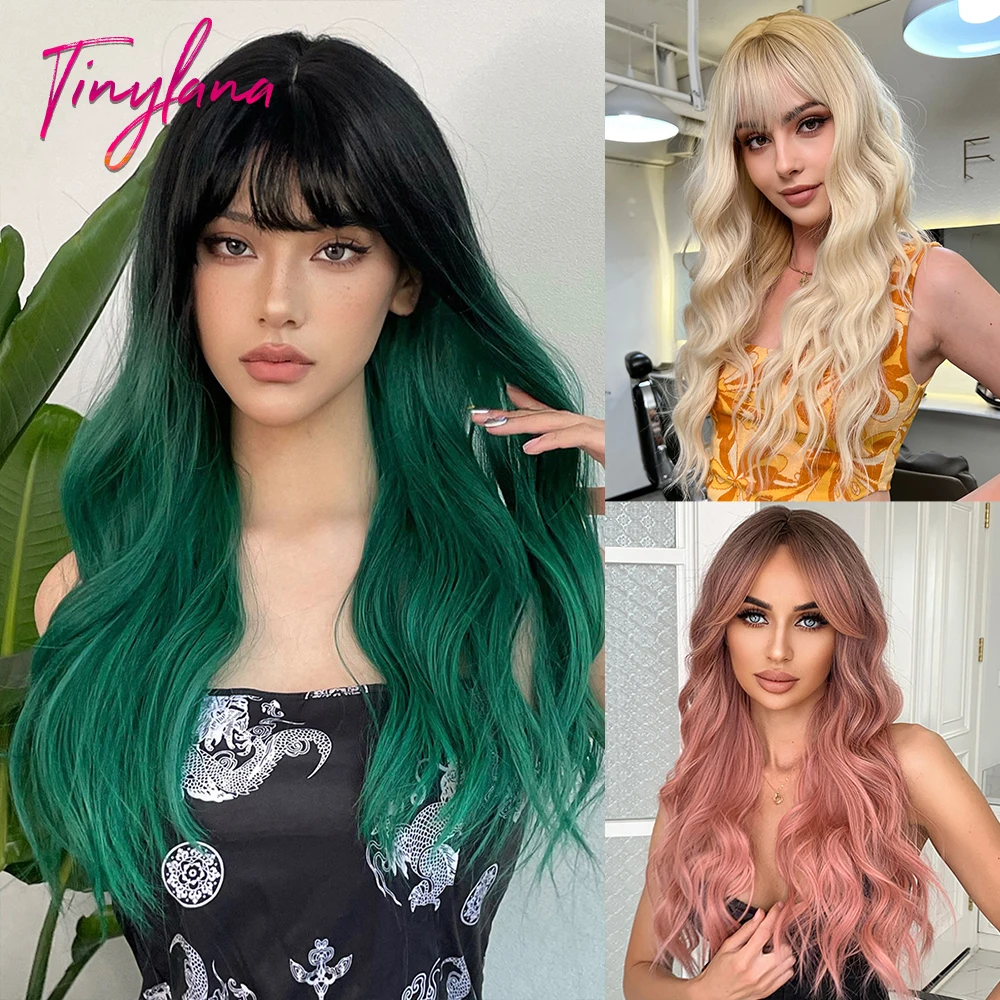 Long Curly Wavy Forest Green Alpine Synthetic Wigs with Bangs Cosplay for Women Afro Wave Party Halloween Hair Heat Reisitant