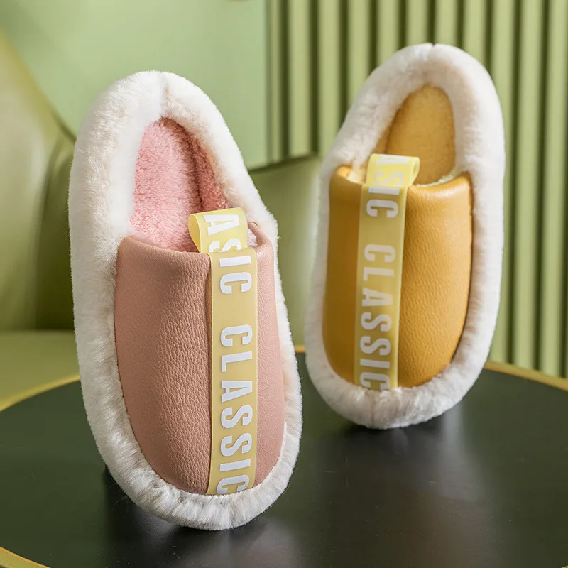 Women slippers home Plus size PU Leather Slippers house Winter Waterproof indoor Fur Male Memory foam Massage Cotton slipper