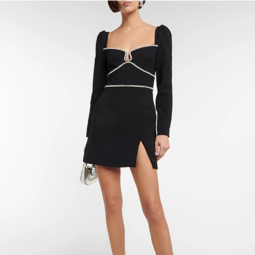 

Women Diamond Beaded mini dress Square Collar Long Sleeve Short Dress