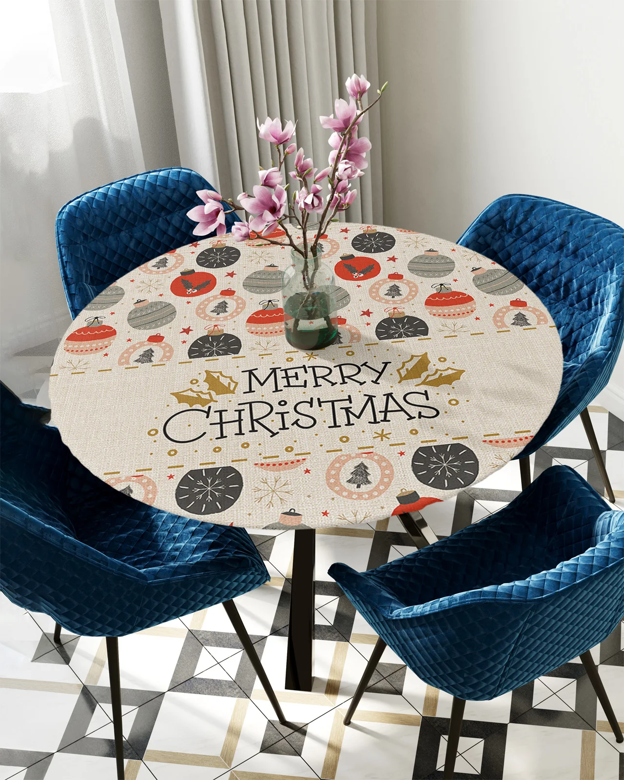 

Christmas Light Ball Decoration Round Table Cover Holiday Party Dinner Table Elastic Tablecloth Kitchen Waterproof Tableclot