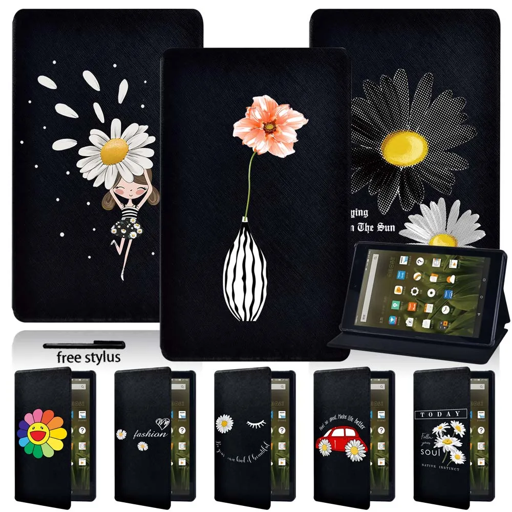 

PU Leather Stand Tablet Cover Case for Fire 7 (5/7/9th)/ HD8 (6/7/8th)/ HD10(5/7/9th ) daisy pattern Protective +Pen