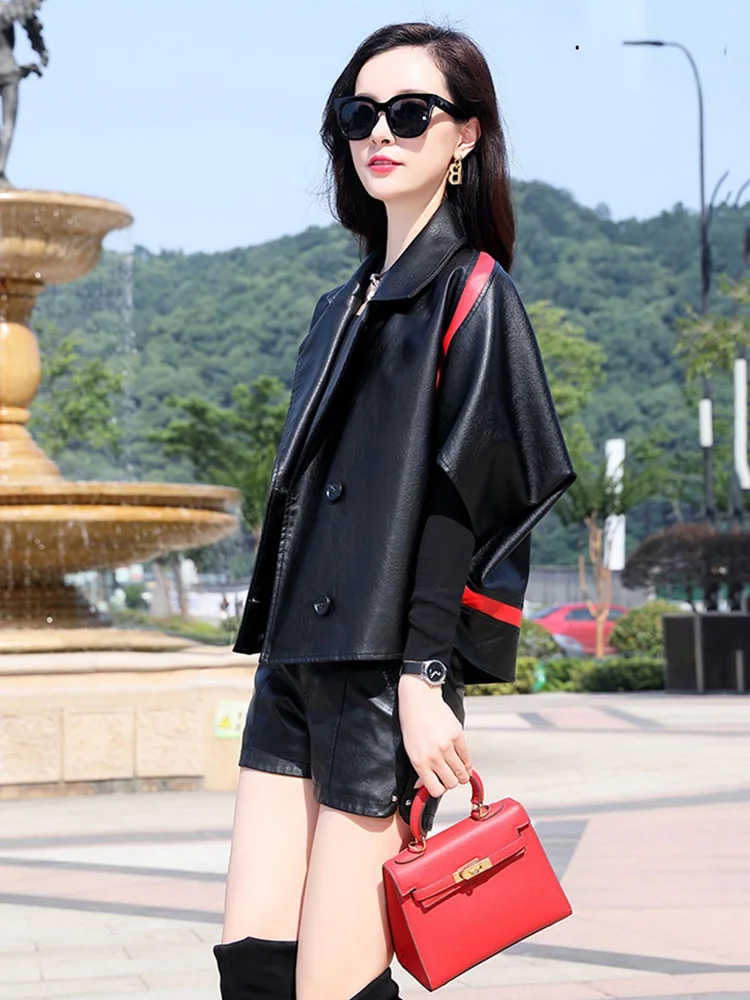 Spring Autumn Lapel Splicing Leather Jacket 2022 New Chic Women Batwing Sleeve Soft Short Sheepskin Coat Casual Loose Outerwear