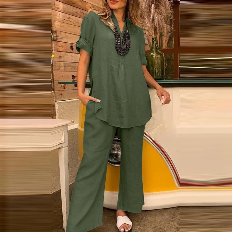 

Summer Fashion V-neck Top+Straight Wide-Leg Pants Set Women Casual Loose Cotton Linen Two Piece Set Elegant Solid Office Outfits