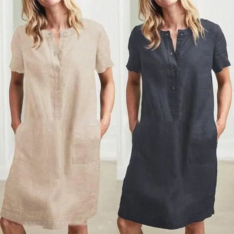 

Summer European and American Amazon Loose Slim Looking Large Size Women's Wear Casual Cotton and Linen Short Sleeve Dress Mid-Le