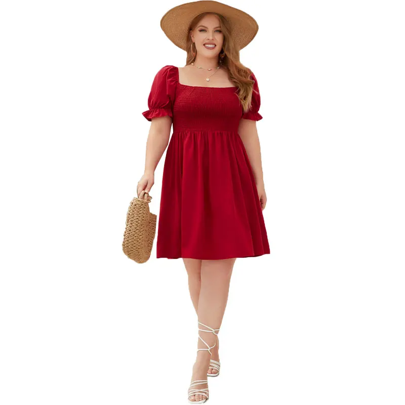 Plus Size Summer Dresses 3XL 4XL Women Clothing Elegant Square Collar Solid Puff Sleeve Short Beach Party Dresses for Women 2023