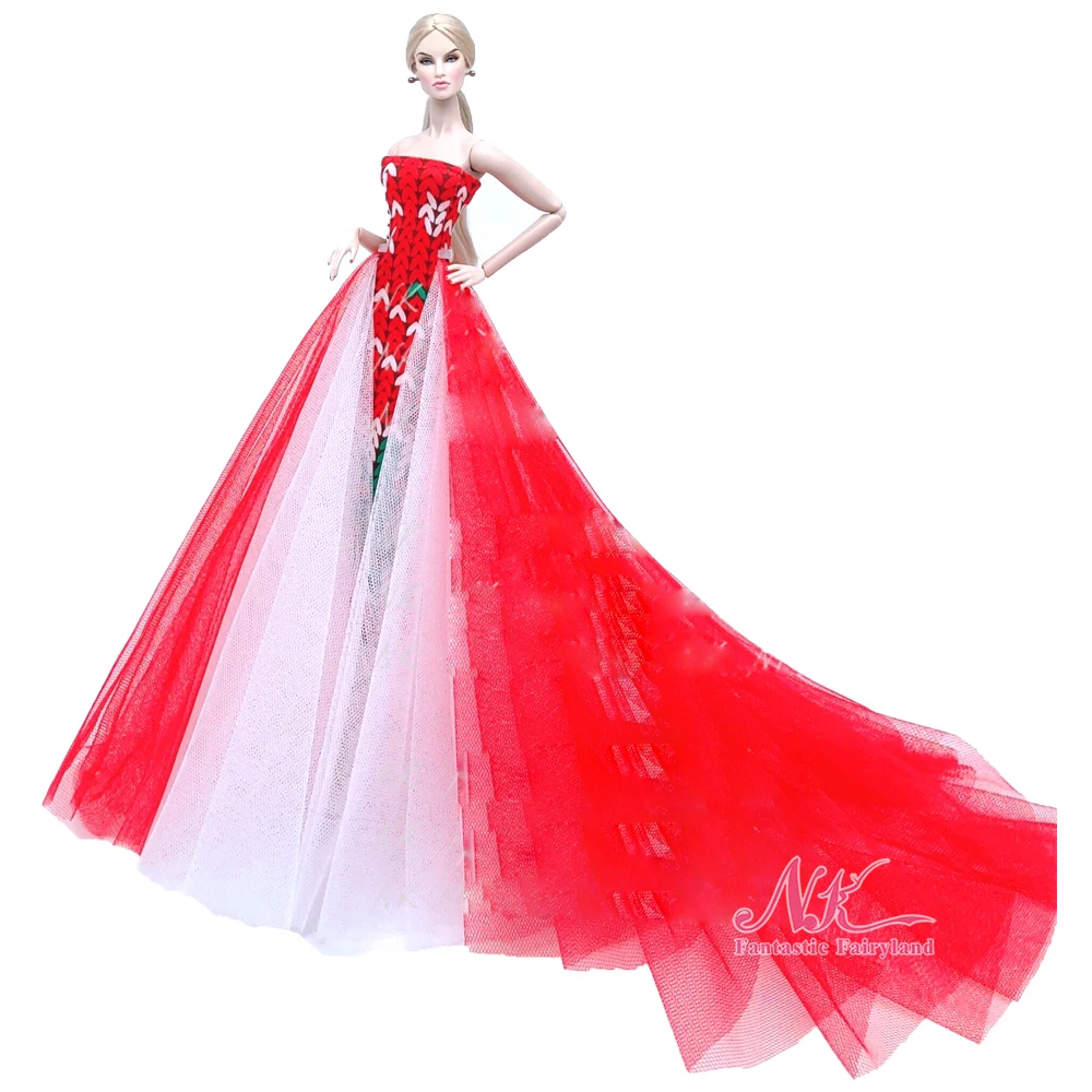 

1 шт., классическое красное кружевное свадебное платье NK для куклы Барби, одежда для принцессы, длинное платье рыбий хвост для 1/6, аксессуары ...