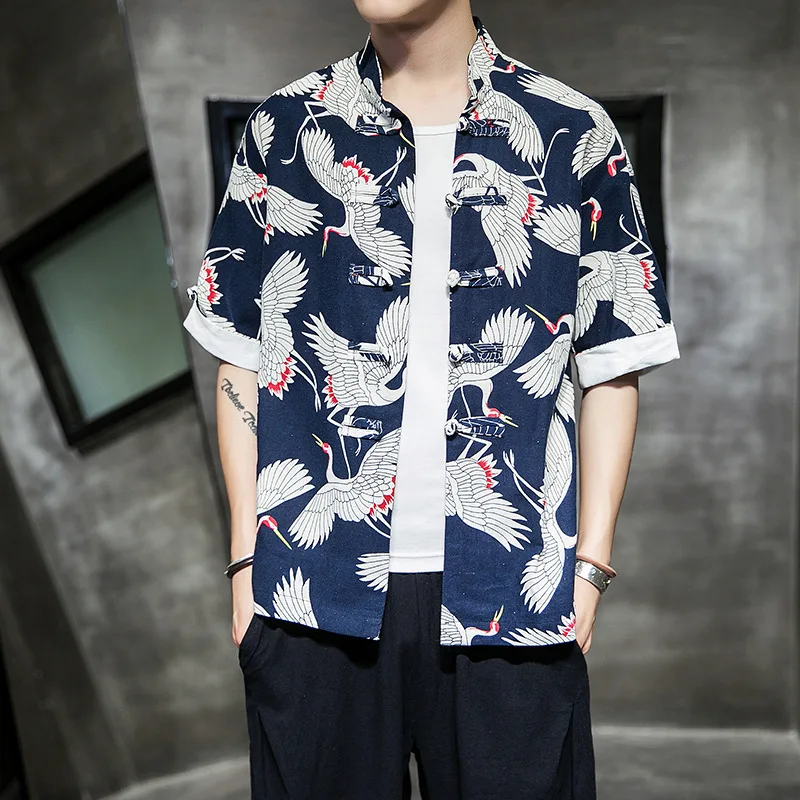 

Chinese Mandarin Collar Men Shirts Short Sleeve Print Crane Cotton Tang Suit Summer Retro T-Shirts Casual Underwear Home Coat