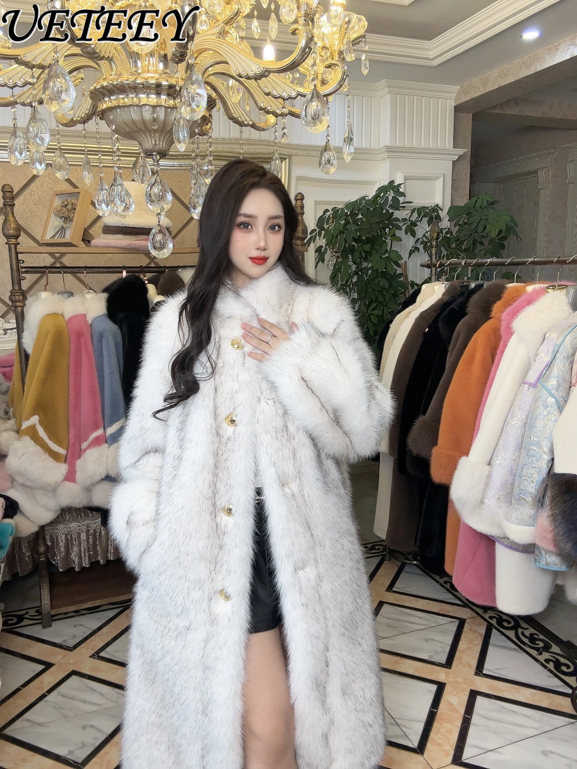 

Женское зимнее длинное пальто-тока с воротником-стойкой, однобортная одежда в западном стиле, теплая одежда из искусственного меха, свободное меховое пальто