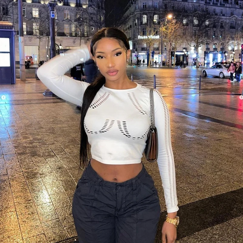 

2022 Spring And Autumn New Sexy Fashion Trend All Match Exposed Navel Pure Long Sleeved White Tshirt Top Women's Clothing