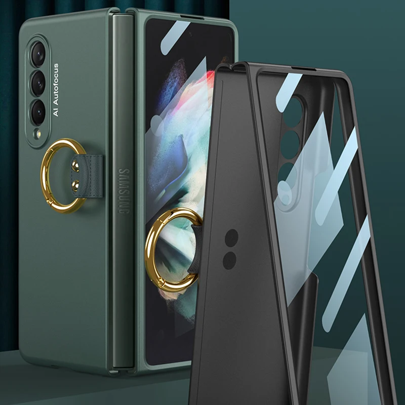 With Key Ring Shockproof Armor Hinge Case For Samsung Galaxy Z Fold 5 4 3 360 Full Protection Tempered Glass Matte PC Cover