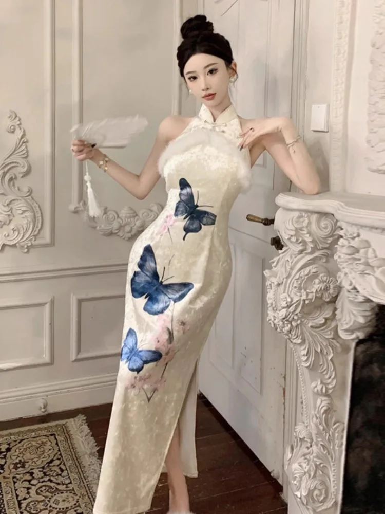 Ezgaga платья женские сексуальные элегантные пушистые лоскутные бархатные без