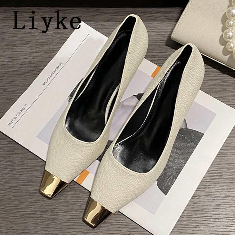 

Liyke High Quality Black White Snake Print Women Pumps Fashion Metal Design Square Toe Shallow Slingback Thin Heels Ladies Shoes