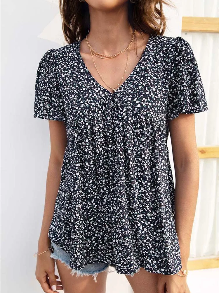 Summer Floral Print Blouses For Women Clothing Fashion V Neck Loose Casual Shirts Tops Ladies Short Sleeve Blouse 2022