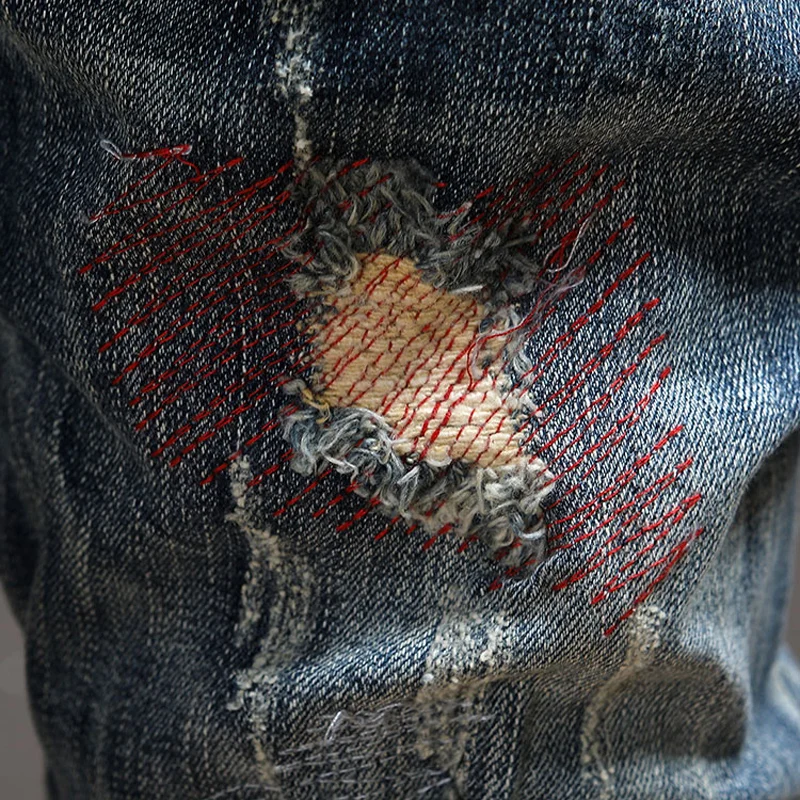Fashion Designer Men Jeans Retro Gray Blue Elastic Slim Fit Hole Ripped Jeans Men Embroidery Patched Vintage Denim Pants Hombre