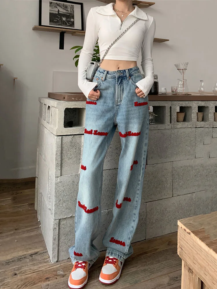 

Женские джинсы с высокой талией, прямые мешковатые брюки С Вышивкой Букв, модель Y2k в Корейском стиле, 2023