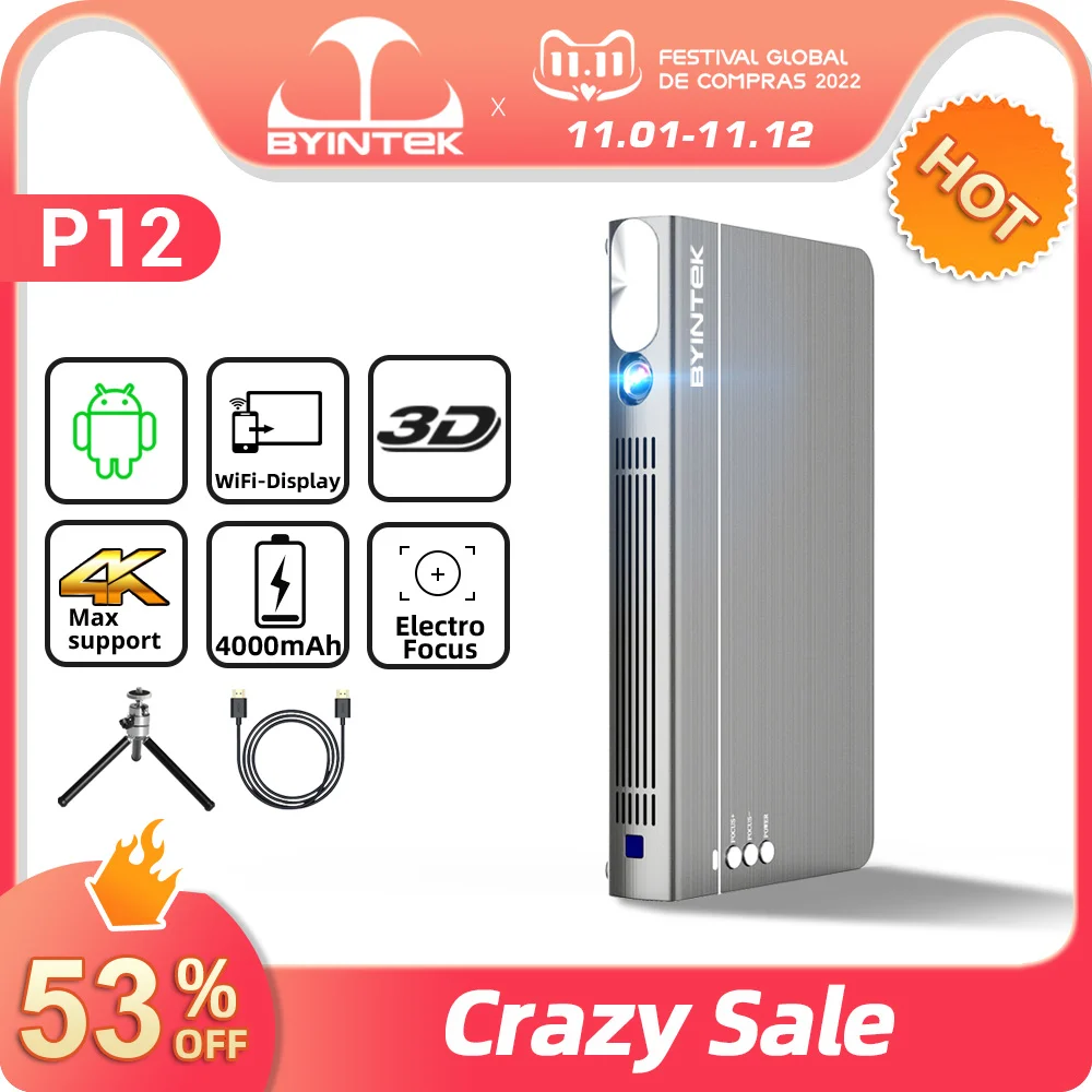 Портативный проектор BYINTEK P12 Mini 3D 4K 300 дюйма Wi-Fi портативный DLP лазерный для