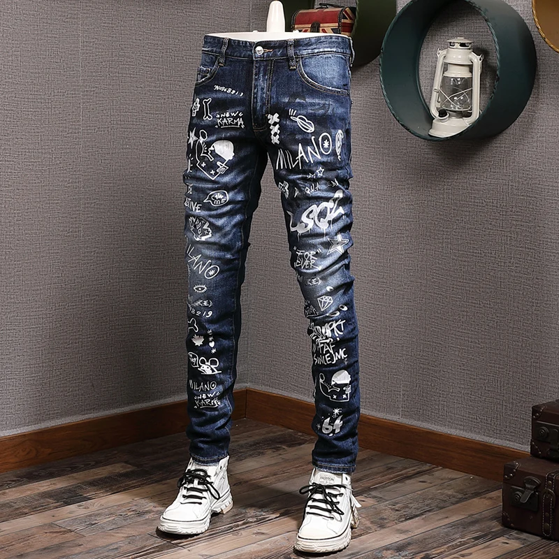 

Fashion Streetwear Men Jeans Retro Blue Stretch Slim Ripped Jeans Men Punk Trousers Printed Designer Hip Hop Brand Pants Hombre