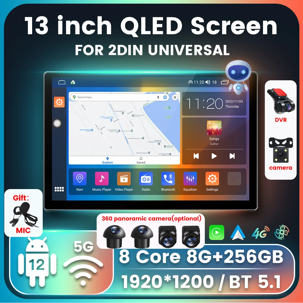 

13" 2K QLED Universal Android 12 Car Player GPS Multimedia Wireless Carplay BT5.1 2Din Head Unit for BMW Benz Audi VW Honda Lada