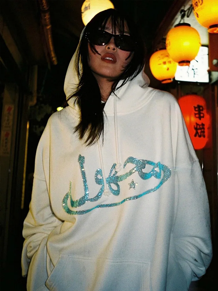 

Rhinestone Fashion Letters Fashion Y2K Hip Hop Sweatshirt Hooded Pocket Sweater Women Clothing Accessories Oversize High Street