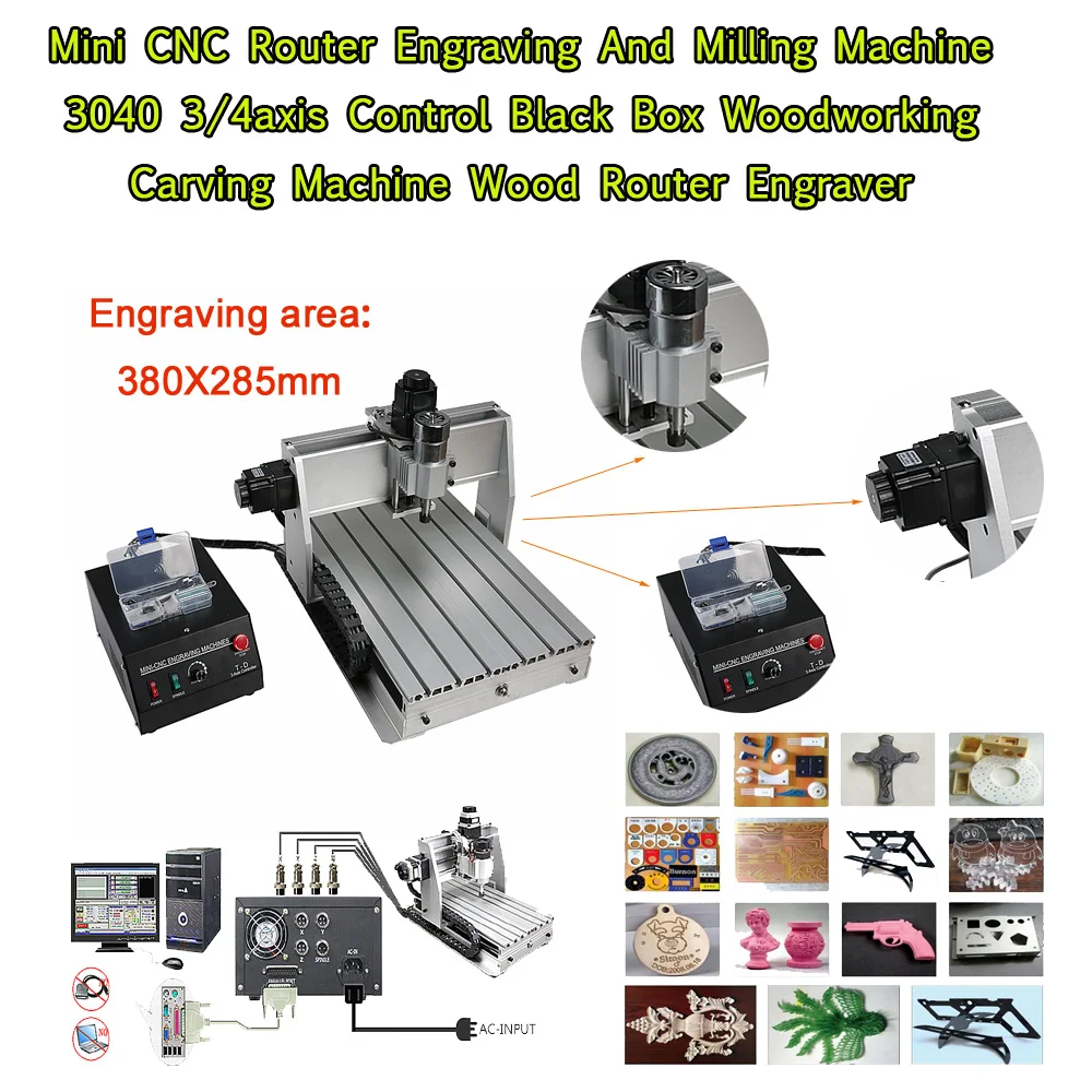 Mini CNC Router Engraving And Milling Machine 3040 3/4axis Control Black Box Woodworking Carving Machine Wood Router Engraver