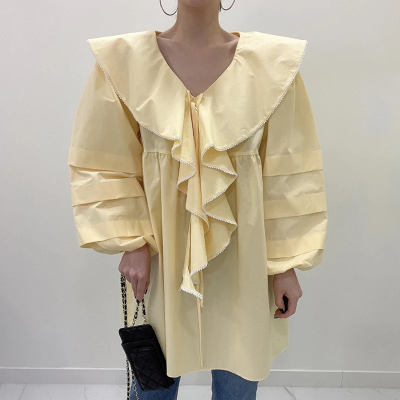 

Женское свободное платье-рубашка SuperAen, корейский стиль, с круглым вырезом, на шнуровке, с воланом, с рукавами-пузырьками