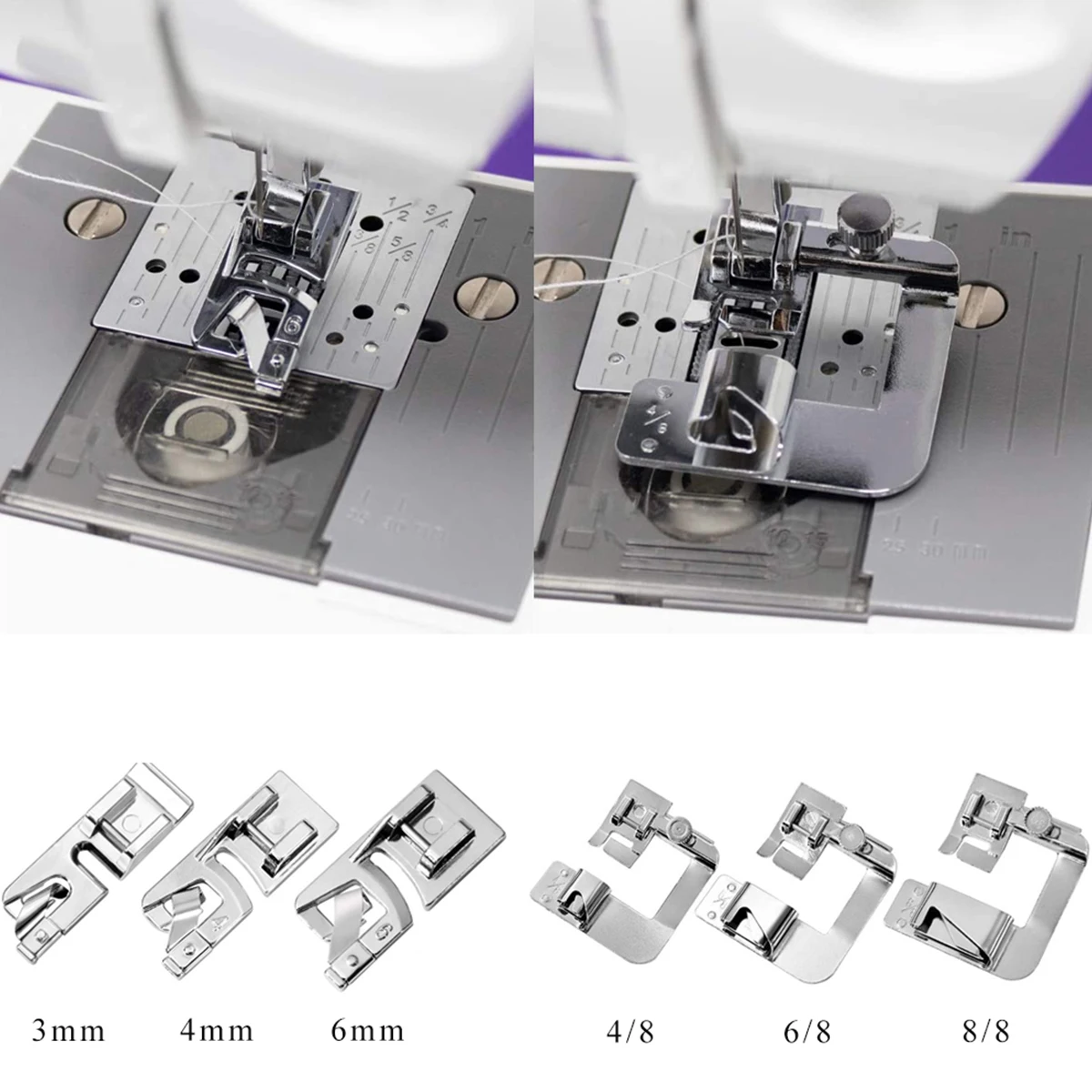 

L 6 Pcs Sewing Machine Presser Foot Set Sewing Hemming Set Includes 3 Overcasting Foot 3 Rolled Hem Presser Feet Multi-Function