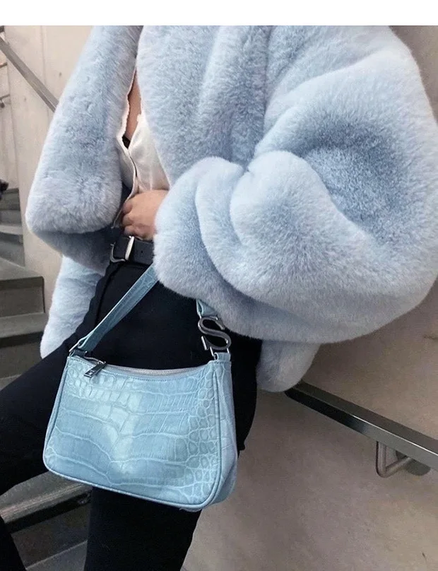 baby blue Women Winter casual sweet girl  Lapel  Shaggy Faux Rabbit Fur Jackets Vintage Furry Oversized Coat Short Outerwear fur