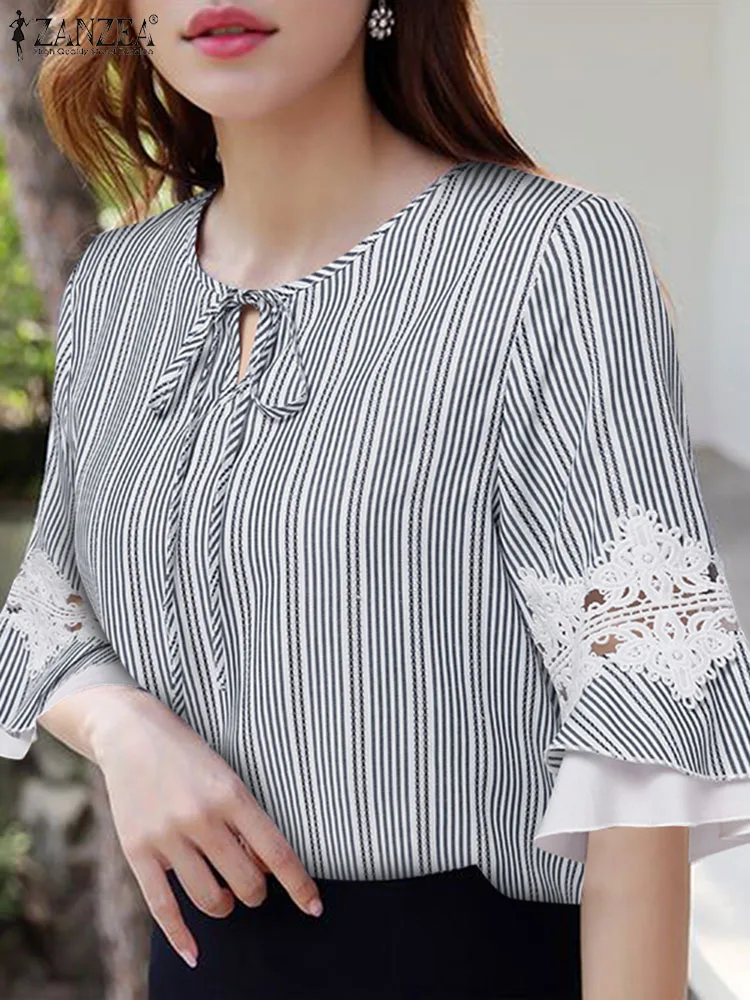 

2023 ZANZEA Fashion Half Flare Sleeve Blouse Elegant Striped Tops Casual Women Summer Lace Up Work Blusas Lace Party Shirt