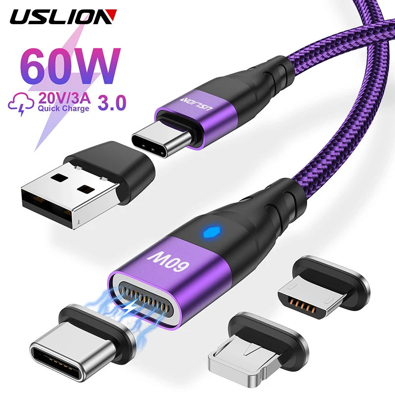 

USLION 60W PD Fast Charger Cable USB C To Type C Micro Magnetic Data Cord 3A USB Cable For iPhone 13 Macbook Huawei Samsung S22