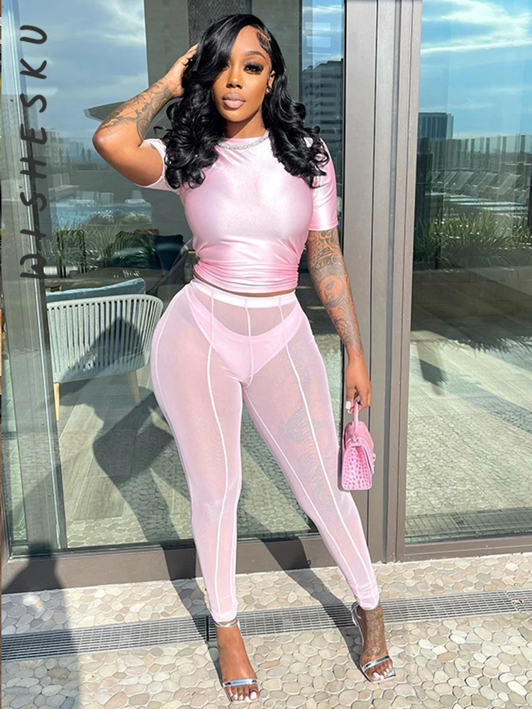

Two Piece Set Women Tracksuits Sexy O Neck Short Sleeve Crop Top+High Waist Skinny Mesh See Through Pencil Pants 2022 Summer