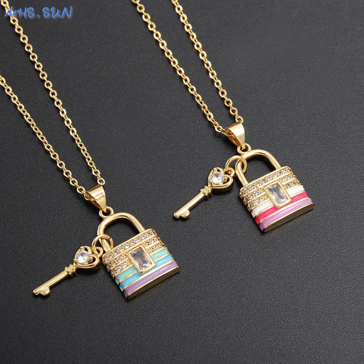 

MHS.SUN New Arrival Key Lock Pendant Necklace Cubic Zirconia Necklaces Clavicle Chain Fashion Lover Jewelry For Women Men Gifts